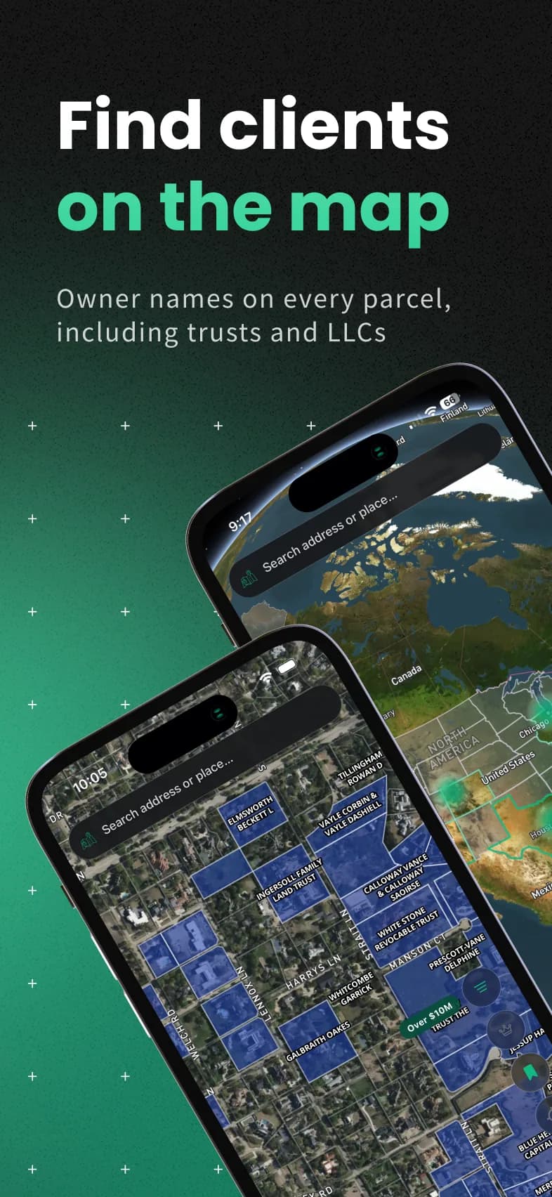 Plotbook iPhone app showing a satellite parcel map with high-value properties highlighted.