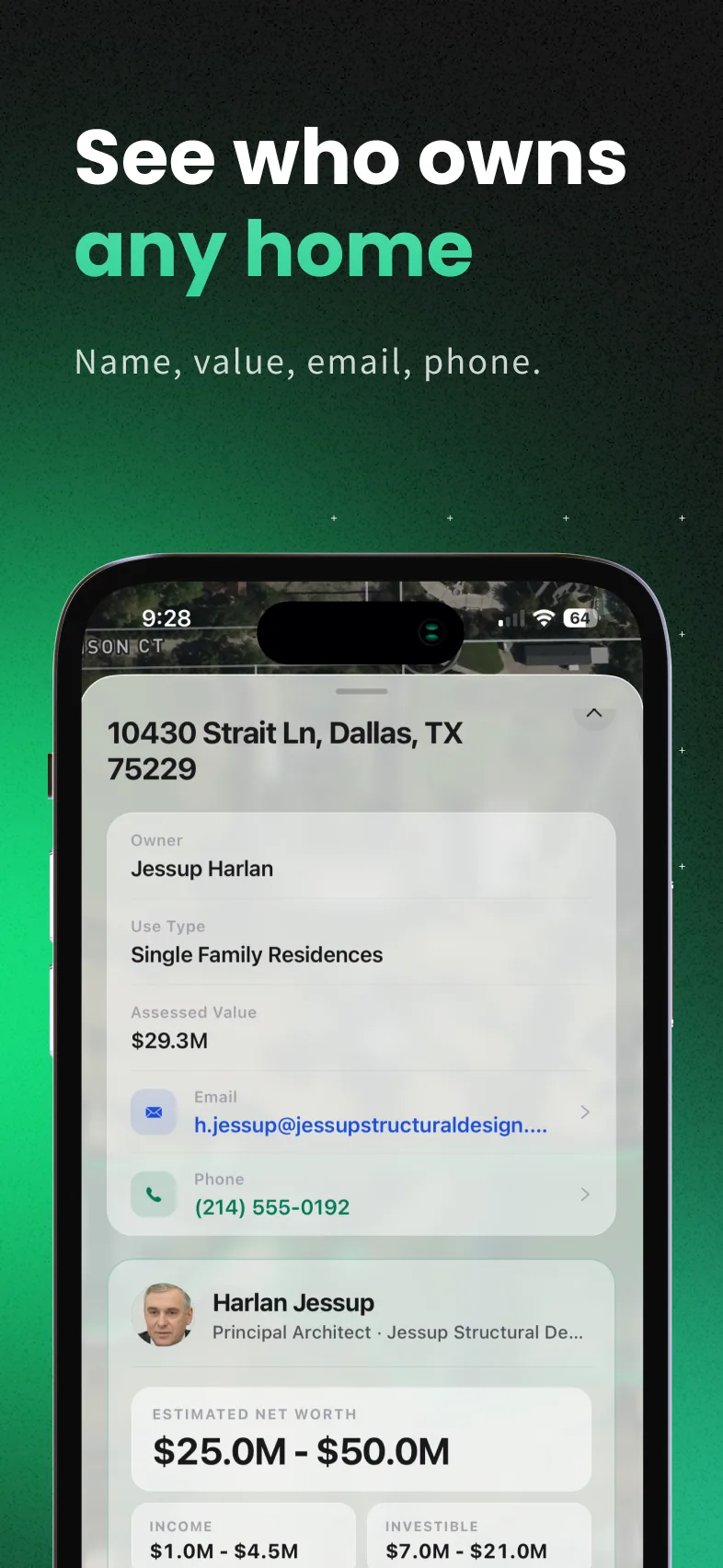 Property detail sheet showing owner name, use type, assessed value, email and phone for a Dallas address.