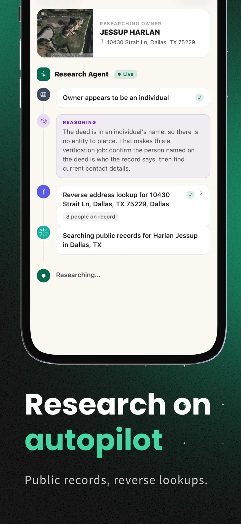 AI research agent streaming its reasoning while it identifies a property owner.