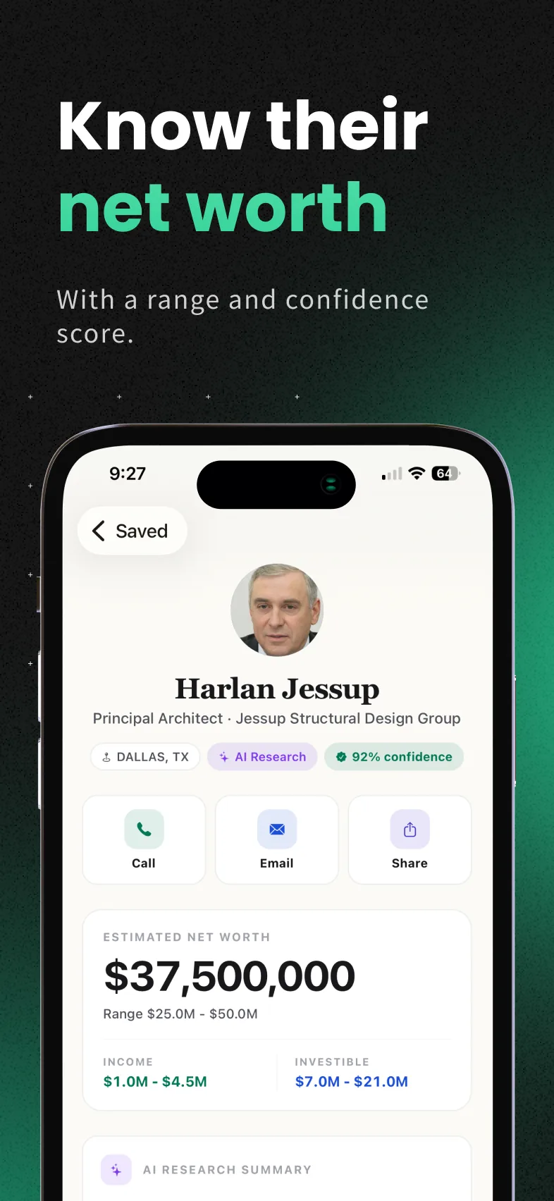 Owner profile showing an estimated net worth range, income and investible assets with a confidence score.