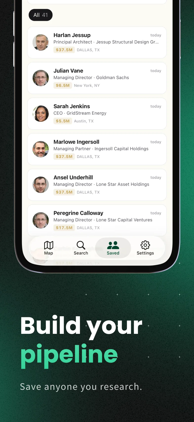 Saved prospects list showing researched owners with estimated net worth and location.