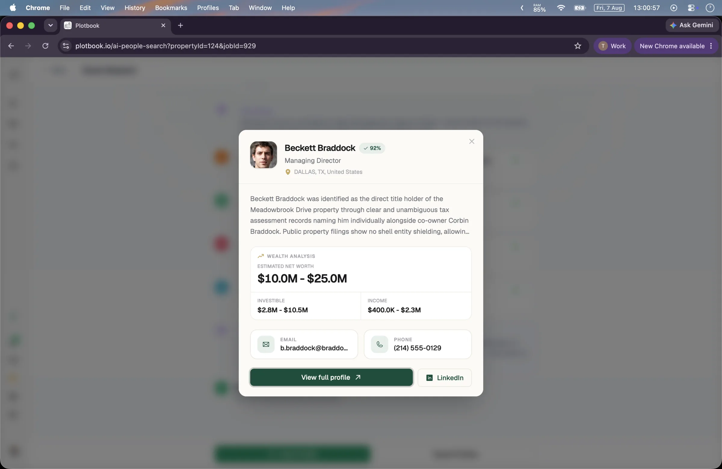 A Plotbook prospect profile showing the wealth estimate section with net worth and related ranges alongside contact details.