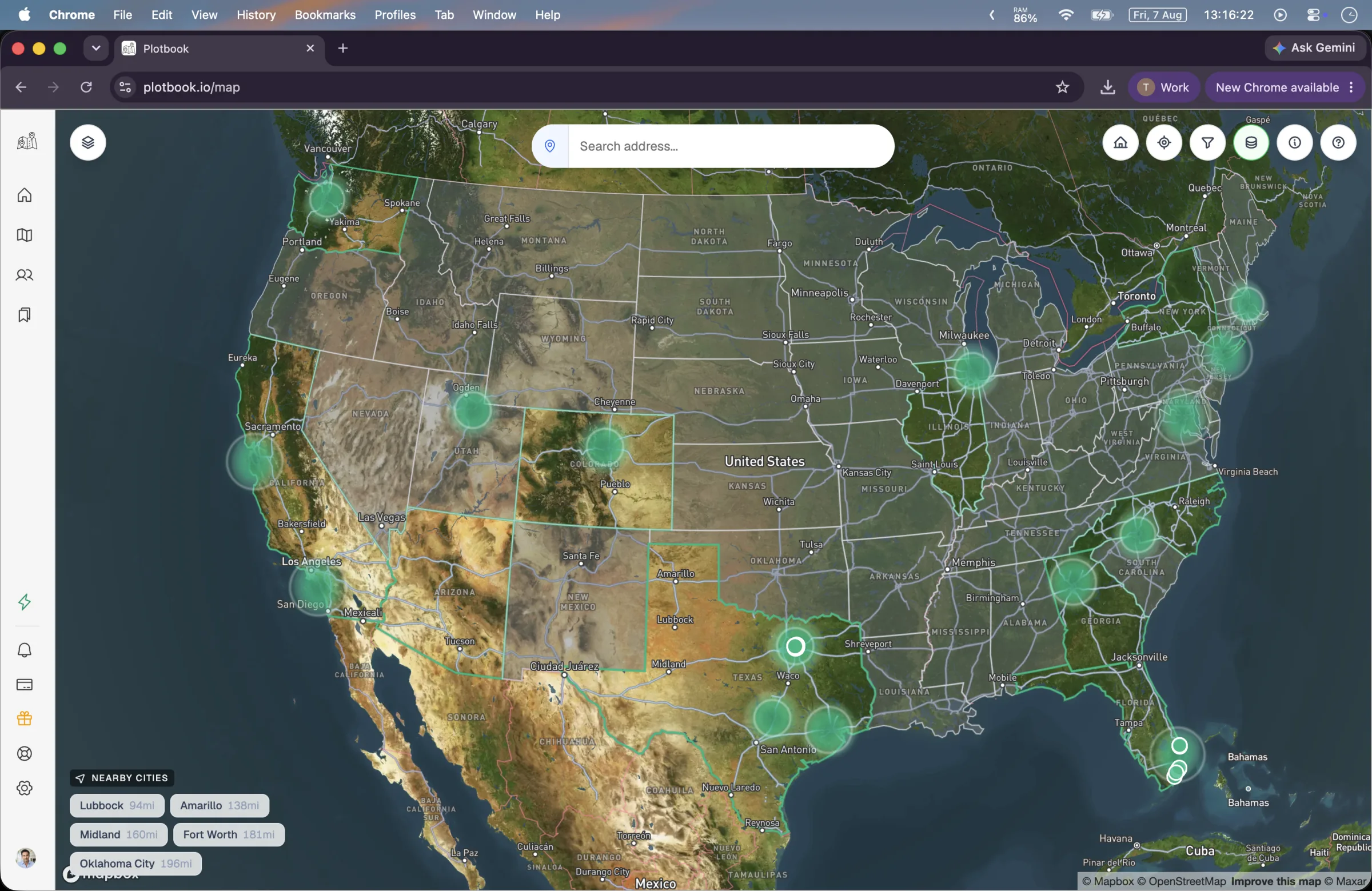 The Plotbook map zoomed out to the whole United States, with emerald heatmap and cluster markers over curated high net worth areas.
