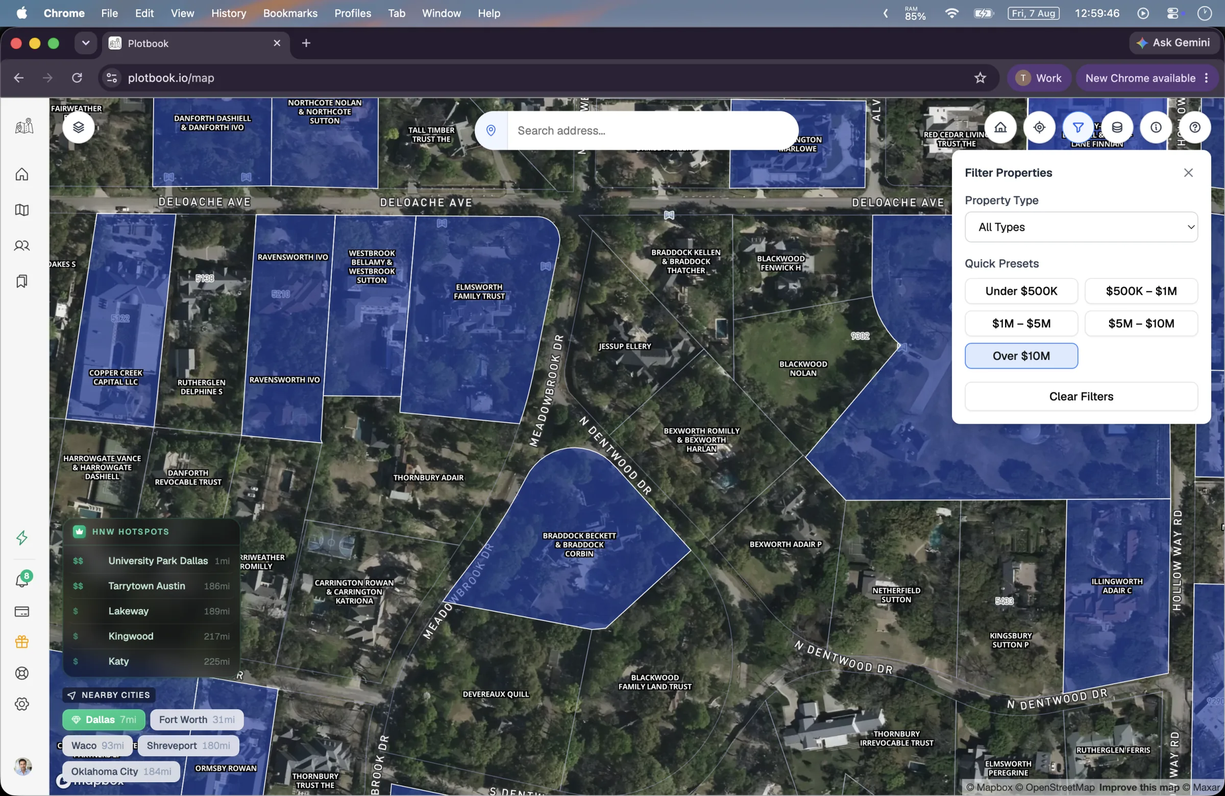 Dallas parcels highlighted blue on the Plotbook map with the property value filter panel open, showing five quick value presets.