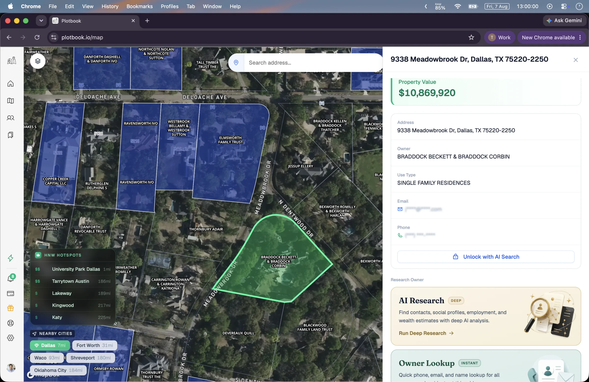 A selected parcel on the Plotbook map with the property drawer open, showing the county assessed value and the name on the deed.