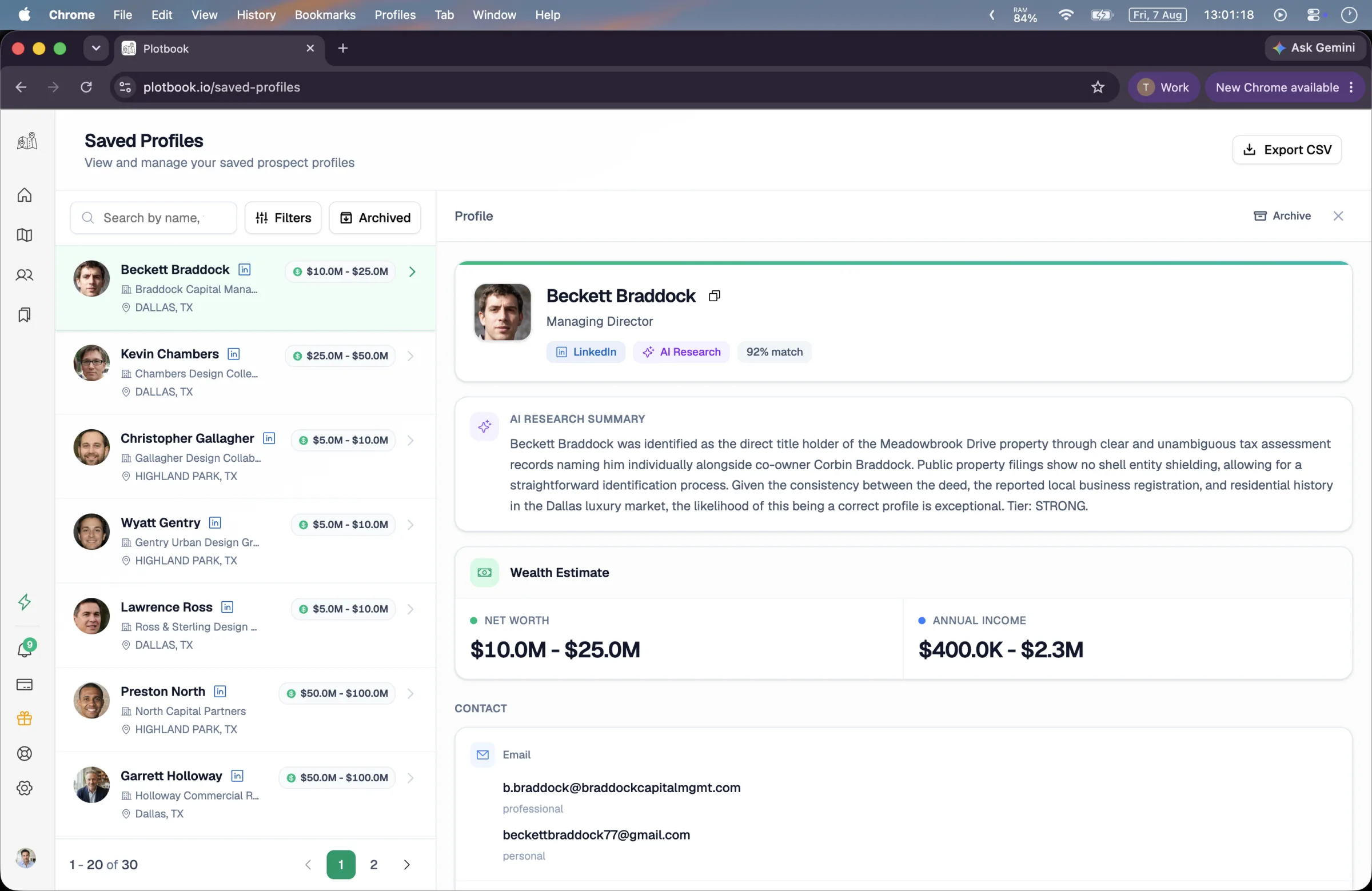 The saved profiles list beside an open profile: prospects with portraits and net worth range chips on the left, and on the right a research summary, a wealth estimate showing net worth and income ranges, and contact details.