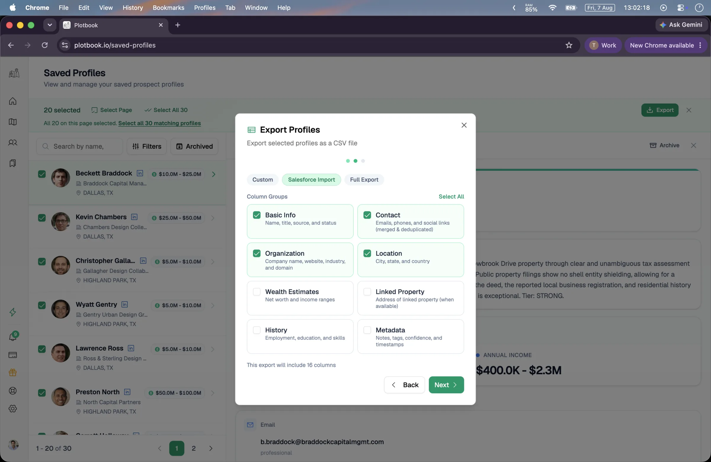 The export dialog's column picker: eight toggleable column groups including contact, organization, wealth estimates and linked property, with Custom, Salesforce Import and Full Export presets across the top.