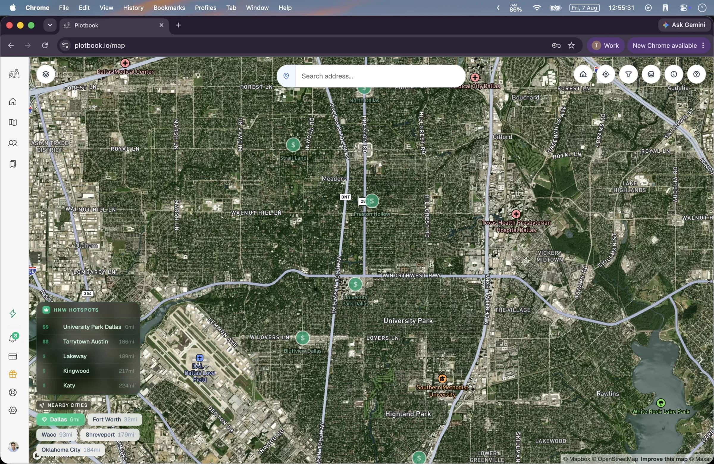 Wide satellite view of the Dallas metro in Plotbook with high net worth hotspot markers and a panel suggesting nearby wealthy areas.