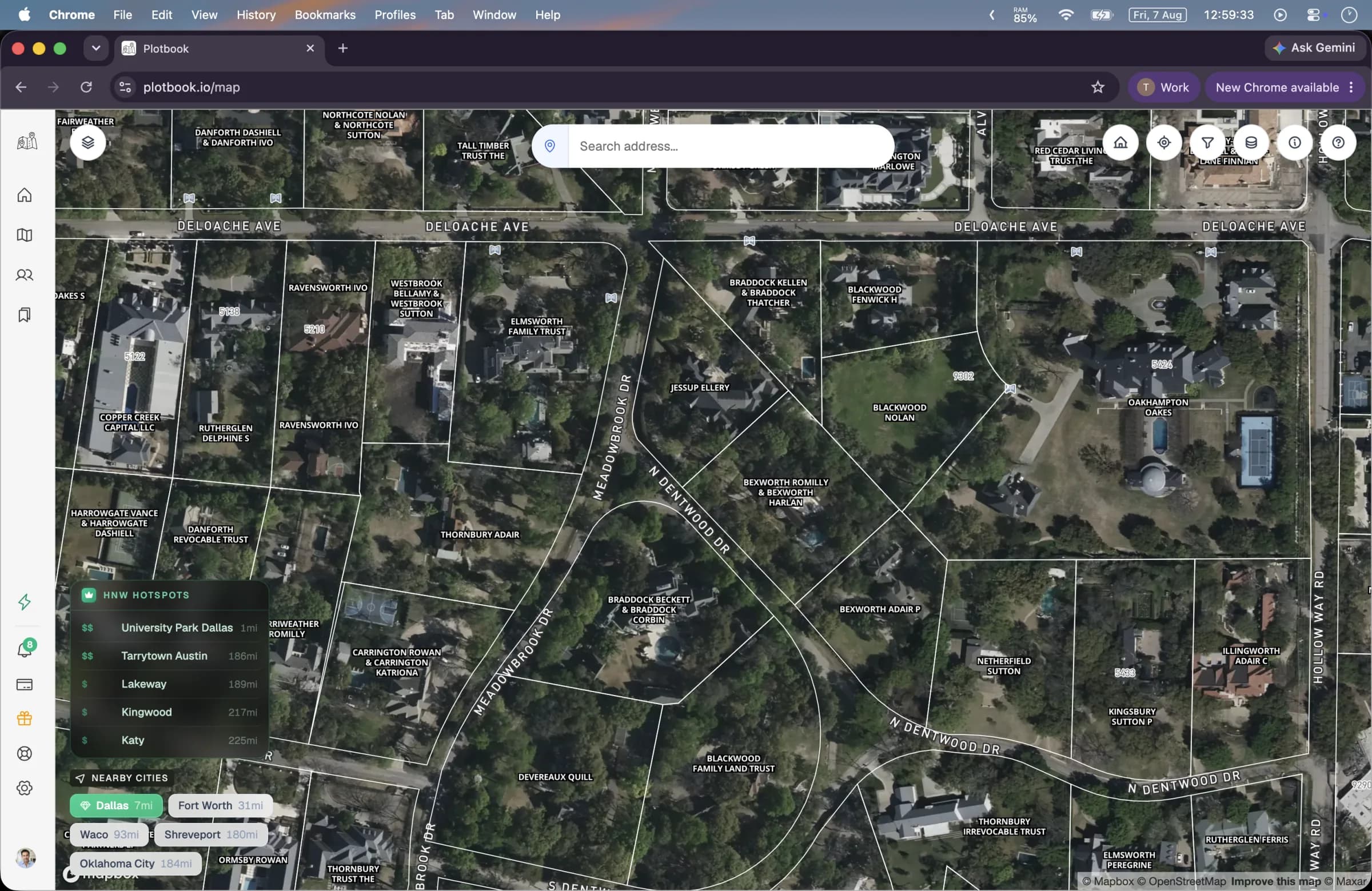 Parcels on the Plotbook map with the deed owner name printed on each property.