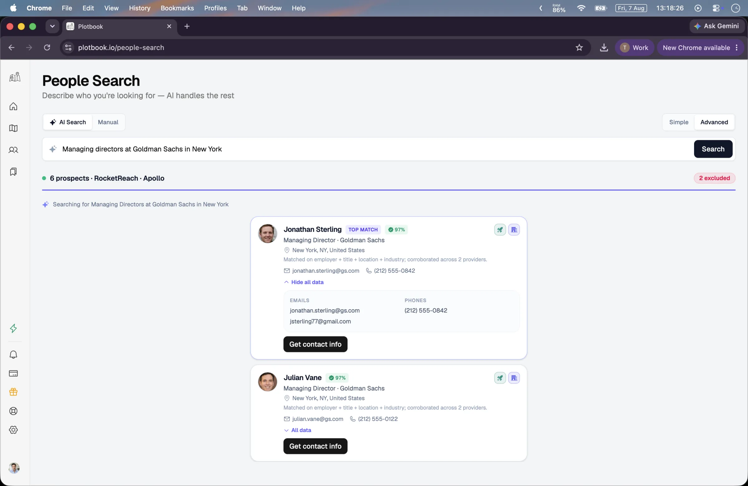 Merged people search results showing candidates with titles, employers, source badges and revealed contact details.