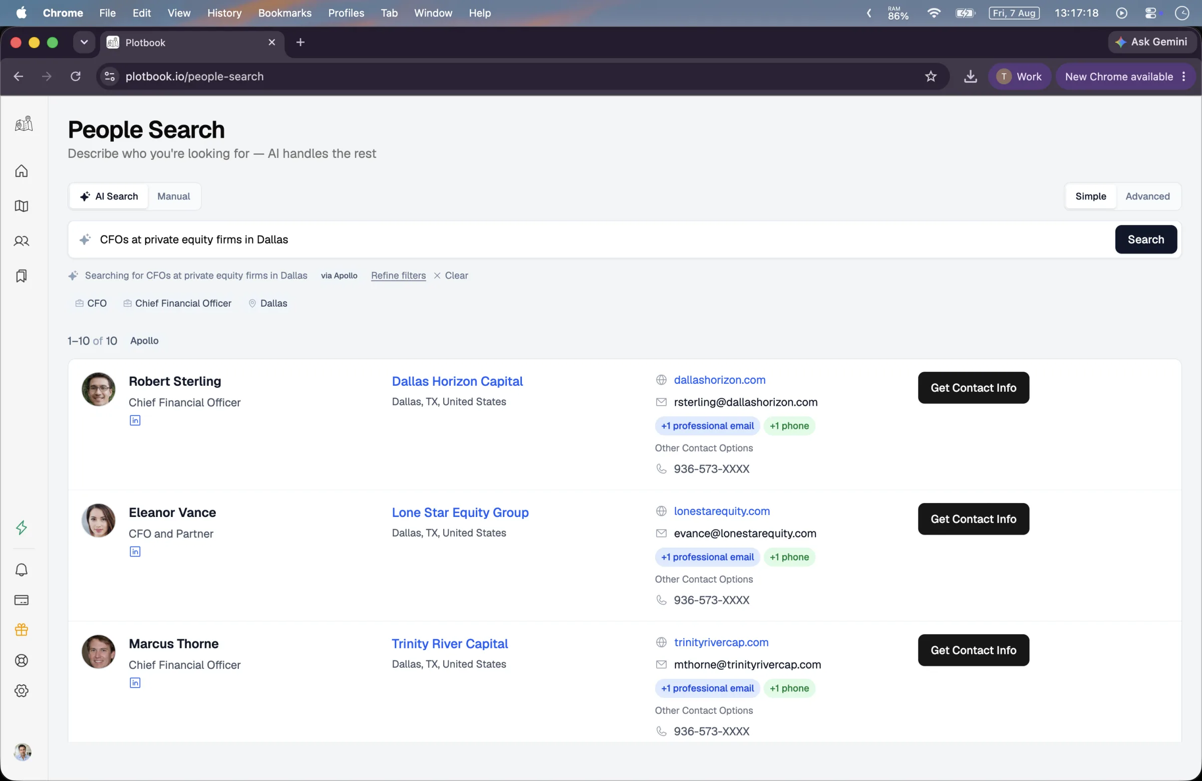 People search results: cards with portraits, job titles, employers, professional and personal email addresses, phone numbers, and a save button.