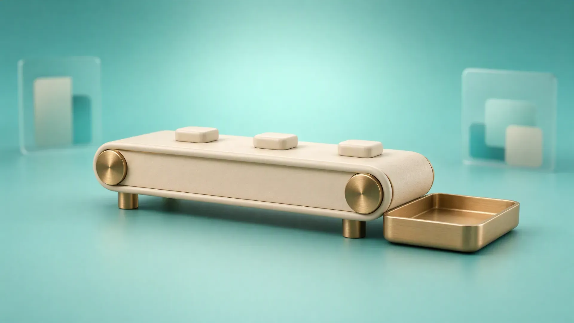 Illustration of a conveyor belt carrying evenly spaced tiles toward a collecting tray.